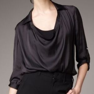 Vince Cowl Neck Draped Black Faux-Silk Shirt